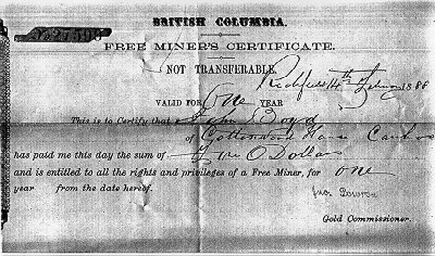 Free Miner's Certificate, 1888