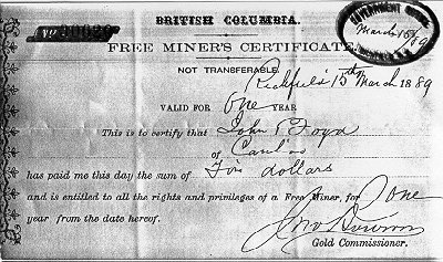 Free Miner's Certificate, 1889