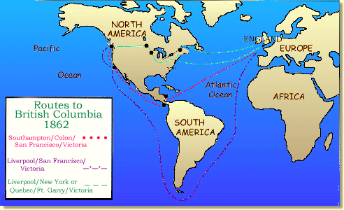 map of Routes to British Columbia 1862